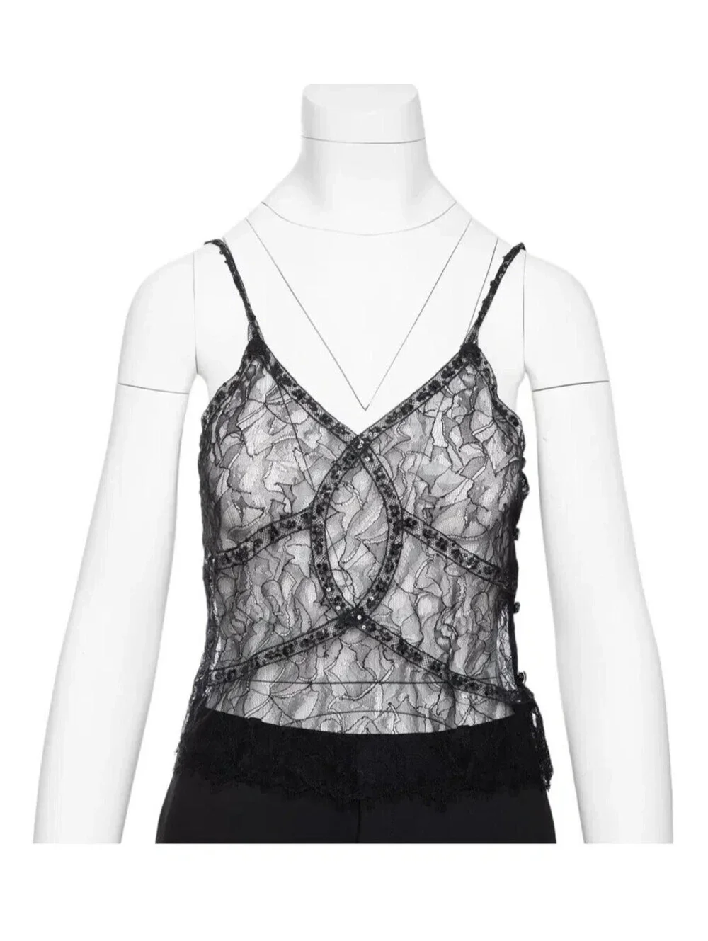 Vintage Chanel 2000 Black Sequin Trim Floral Lace Cami Top 00T FR-36 Small